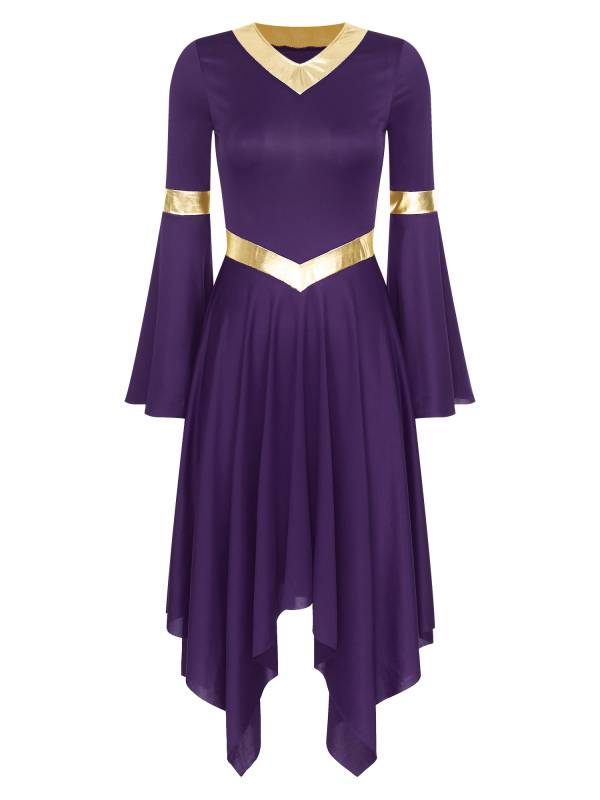 Women V Neck Flare Sleeve Worship Dance Dress thumb