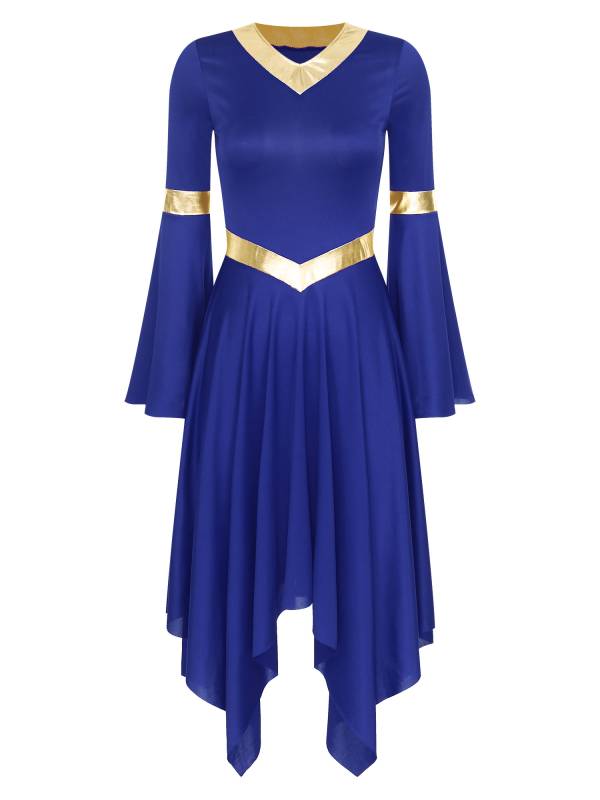 Women V Neck Flare Sleeve Worship Dance Dress thumb