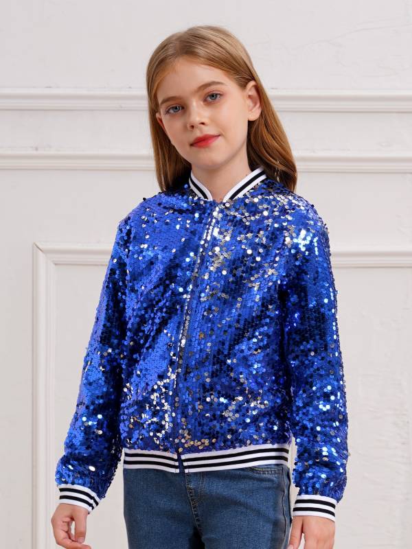Kids Girls Sequin Baseball Jackets Coat Zip Up Outerwear thumb