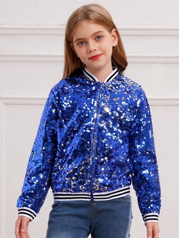 Kids Girls Sequin Baseball Jackets Coat Zip Up Outerwear thumb