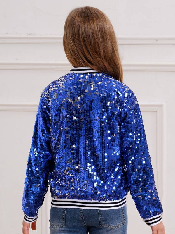 Kids Girls Sequin Baseball Jackets Coat Zip Up Outerwear thumb