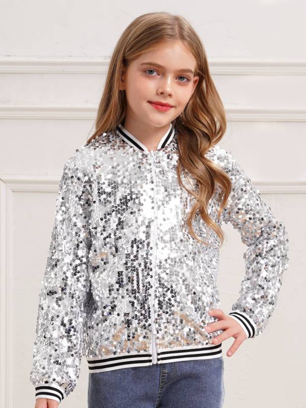 Kids Girls Sequin Baseball Jackets Coat Zip Up Outerwear thumb