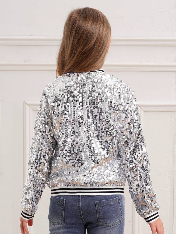 Kids Girls Sequin Baseball Jackets Coat Zip Up Outerwear thumb