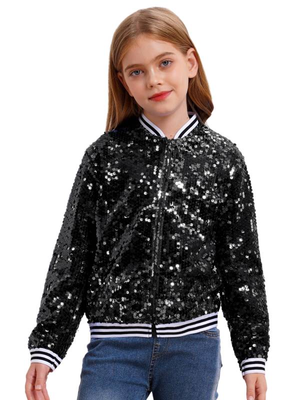 Kids Girls Sequin Baseball Jackets Coat Zip Up Outerwear thumb