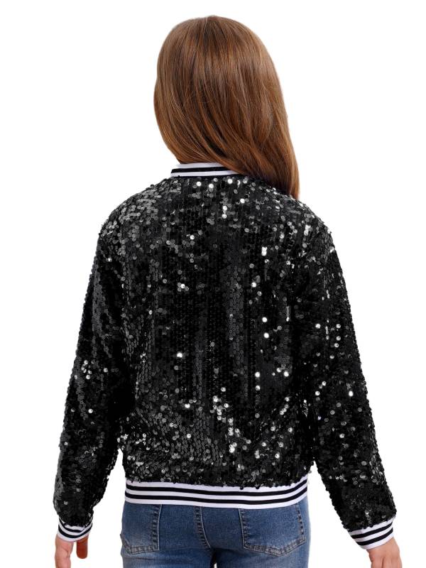 Kids Girls Sequin Baseball Jackets Coat Zip Up Outerwear thumb