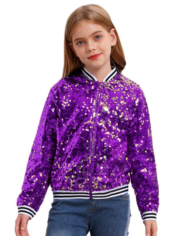 Kids Girls Sequin Baseball Jackets Coat Zip Up Outerwear thumb