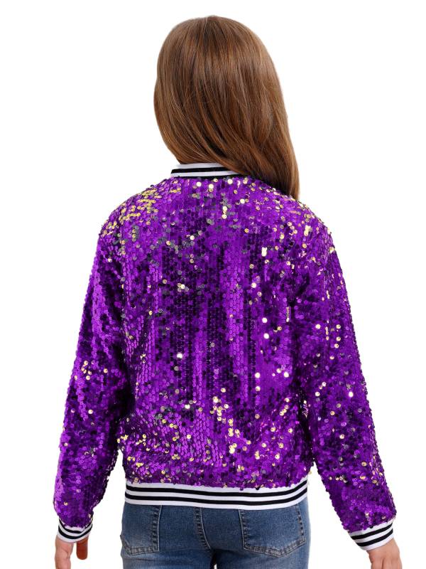 Kids Girls Sequin Baseball Jackets Coat Zip Up Outerwear thumb