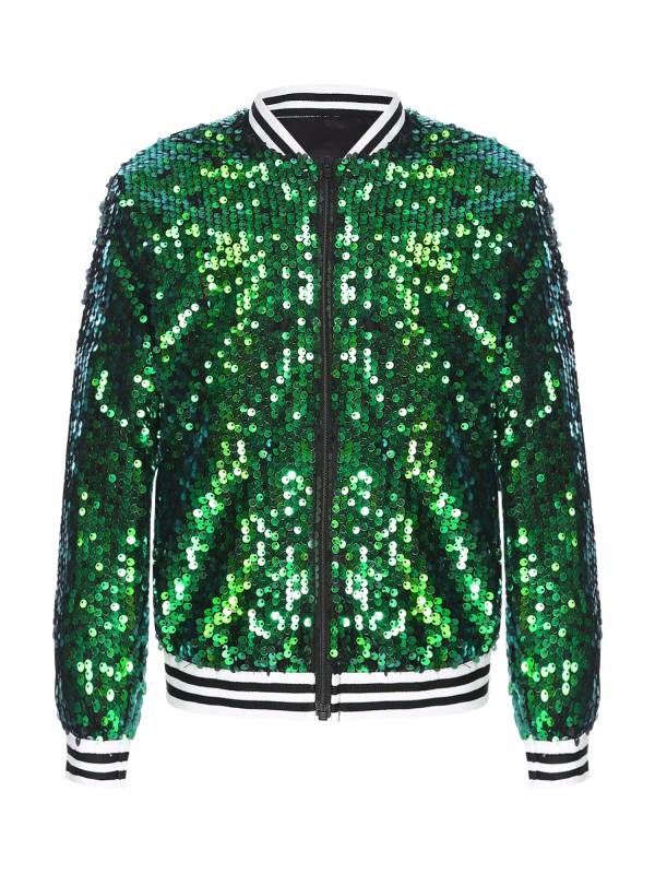 Kids Girls Sequin Baseball Jackets Coat Zip Up Outerwear thumb