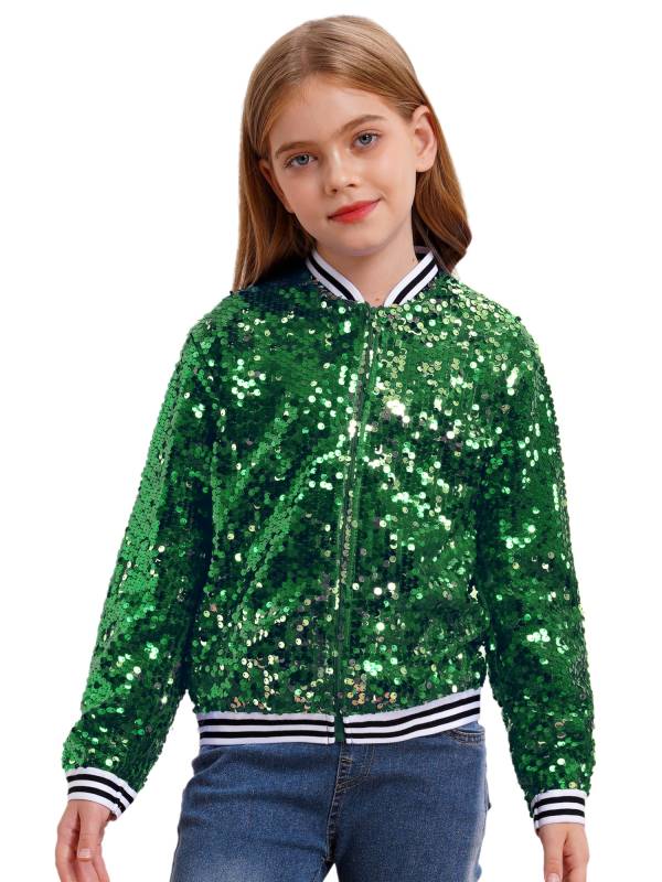 Kids Girls Sequin Baseball Jackets Coat Zip Up Outerwear thumb