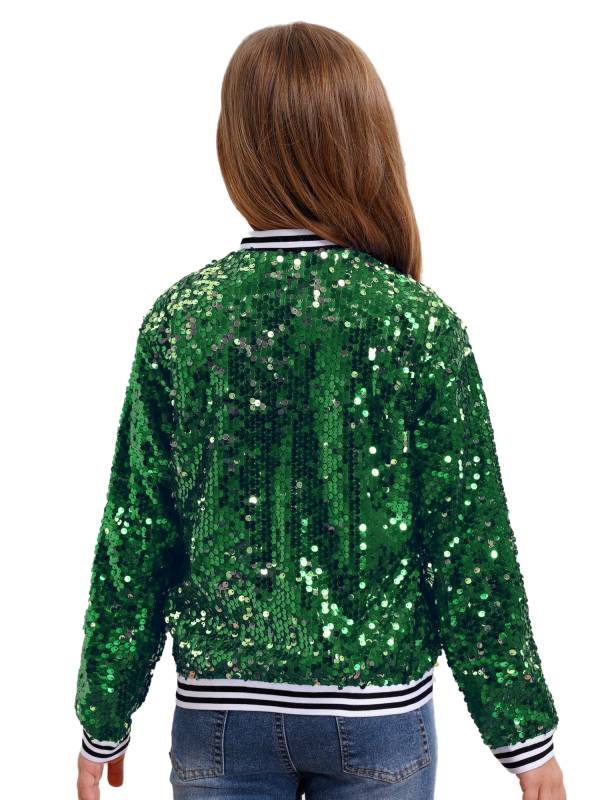 Kids Girls Sequin Baseball Jackets Coat Zip Up Outerwear thumb