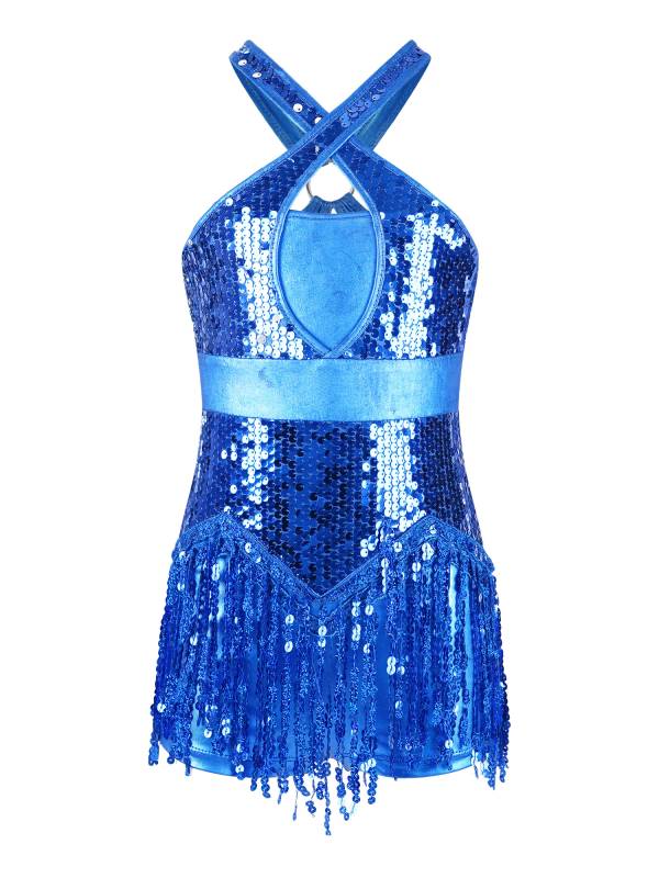 Kids Girls Sleeveless Sequins Tassel Criss Cross Latin Dance Cha-Cha Leotard thumb