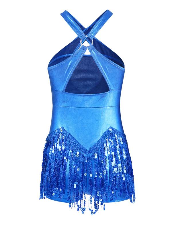 Kids Girls Sleeveless Sequins Tassel Criss Cross Latin Dance Cha-Cha Leotard thumb