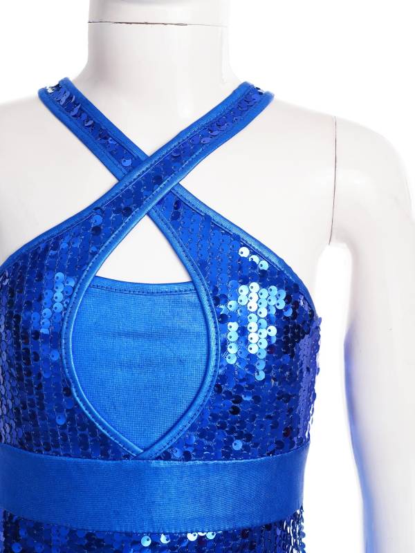Kids Girls Sleeveless Sequins Tassel Criss Cross Latin Dance Cha-Cha Leotard thumb