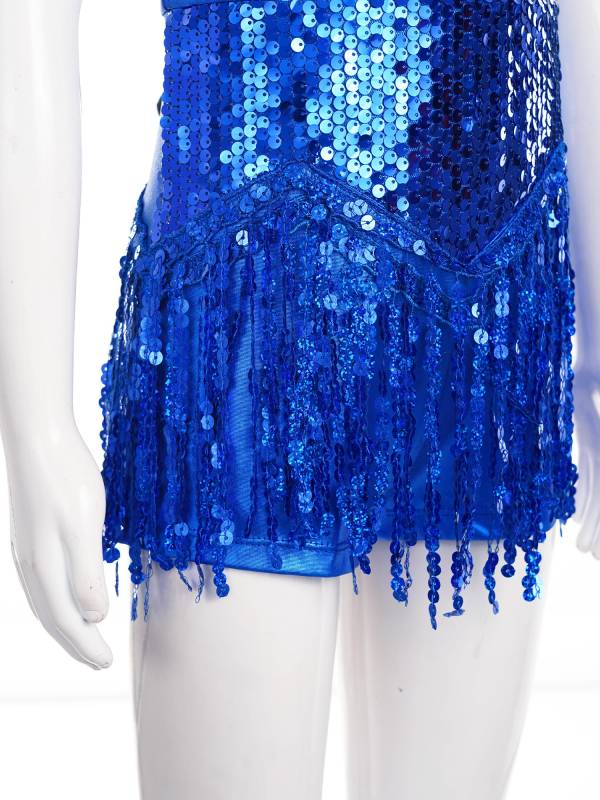 Kids Girls Sleeveless Sequins Tassel Criss Cross Latin Dance Cha-Cha Leotard thumb