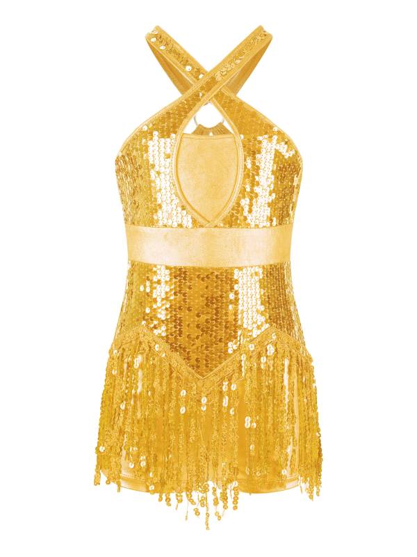Kids Girls Sleeveless Sequins Tassel Criss Cross Latin Dance Cha-Cha Leotard thumb