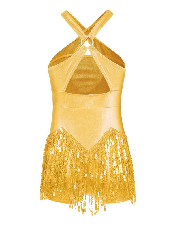 Kids Girls Sleeveless Sequins Tassel Criss Cross Latin Dance Cha-Cha Leotard thumb