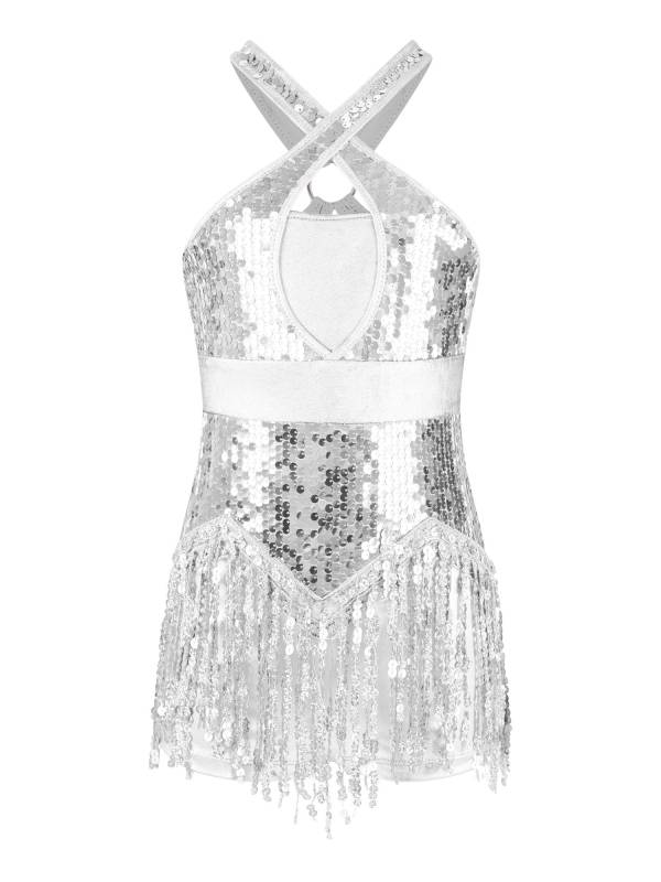Kids Girls Sleeveless Sequins Tassel Criss Cross Latin Dance Cha-Cha Leotard thumb