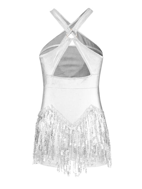 Kids Girls Sleeveless Sequins Tassel Criss Cross Latin Dance Cha-Cha Leotard thumb