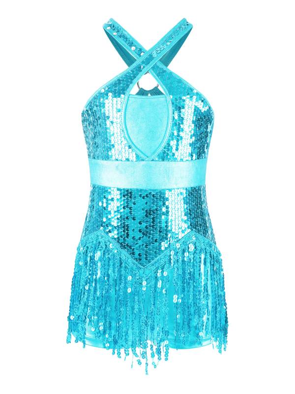 Kids Girls Sleeveless Sequins Tassel Criss Cross Latin Dance Cha-Cha Leotard thumb
