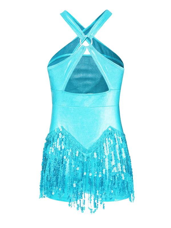 Kids Girls Sleeveless Sequins Tassel Criss Cross Latin Dance Cha-Cha Leotard thumb