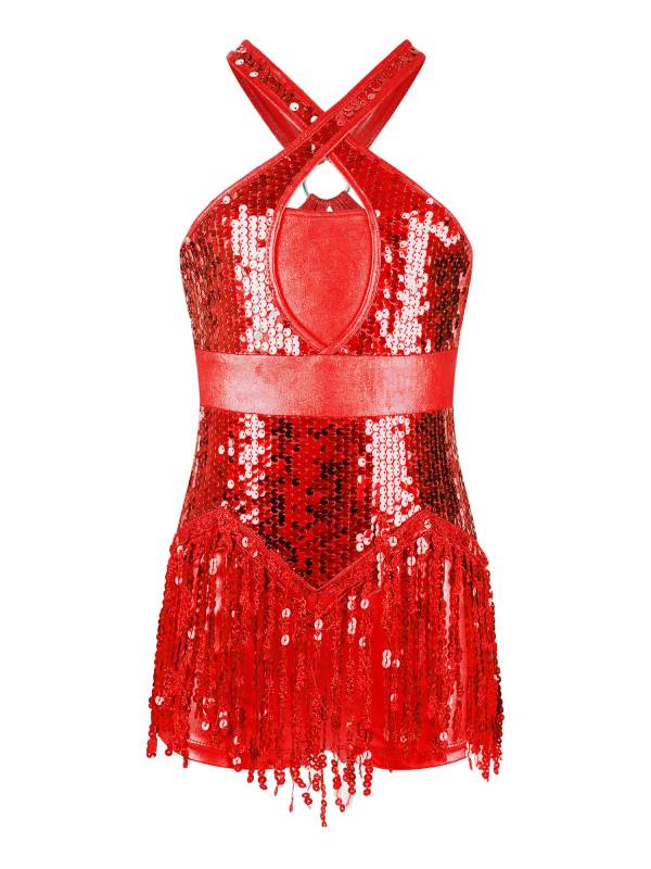 Kids Girls Sleeveless Sequins Tassel Criss Cross Latin Dance Cha-Cha Leotard thumb