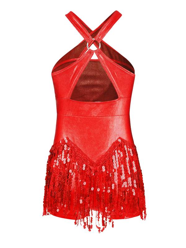 Kids Girls Sleeveless Sequins Tassel Criss Cross Latin Dance Cha-Cha Leotard thumb