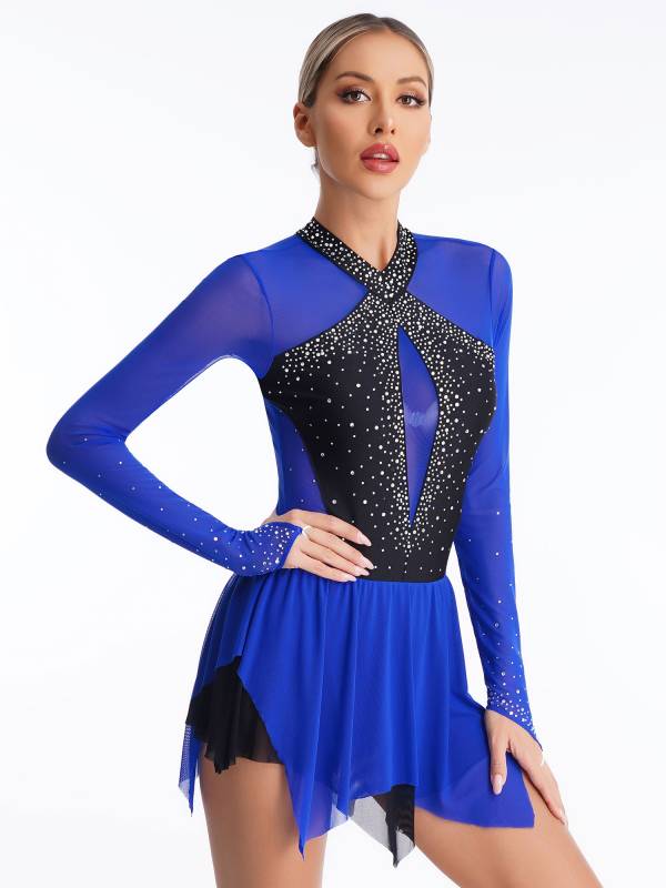 Women Long Sleeve Sparkling Rhinestones Irregular Hem Skating Dress thumb