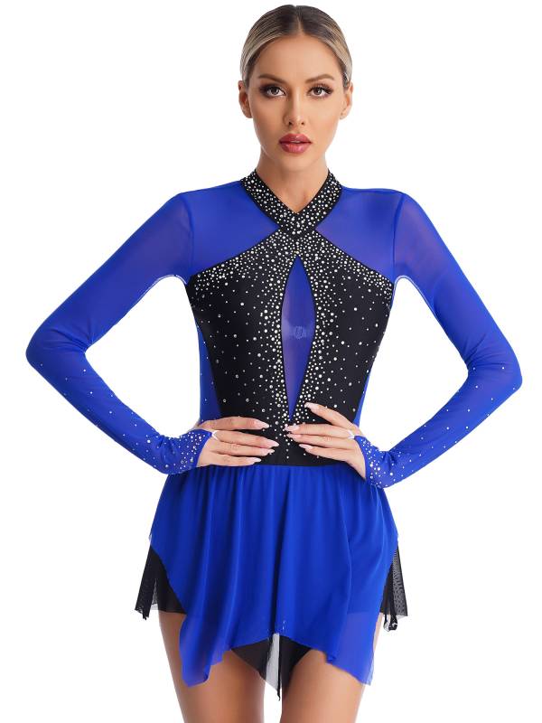 Women Long Sleeve Sparkling Rhinestones Irregular Hem Skating Dress thumb