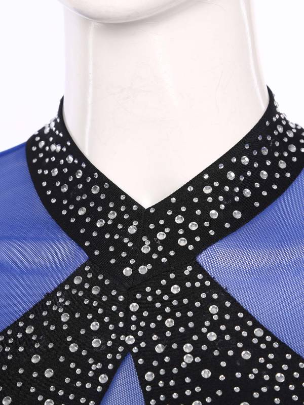 Women Long Sleeve Sparkling Rhinestones Irregular Hem Skating Dress thumb
