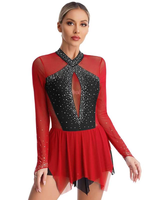 Women Long Sleeve Sparkling Rhinestones Irregular Hem Skating Dress thumb