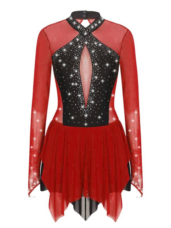 Women Long Sleeve Sparkling Rhinestones Irregular Hem Skating Dress thumb