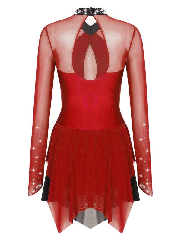 Women Long Sleeve Sparkling Rhinestones Irregular Hem Skating Dress thumb