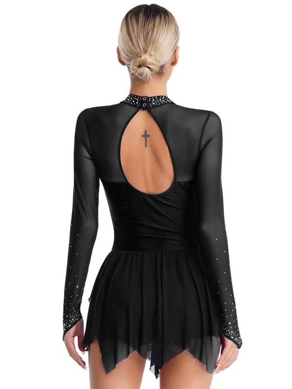 Women Long Sleeve Sparkling Rhinestones Irregular Hem Skating Dress thumb
