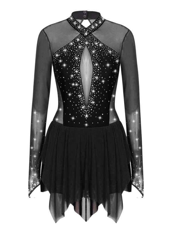 Women Long Sleeve Sparkling Rhinestones Irregular Hem Skating Dress thumb