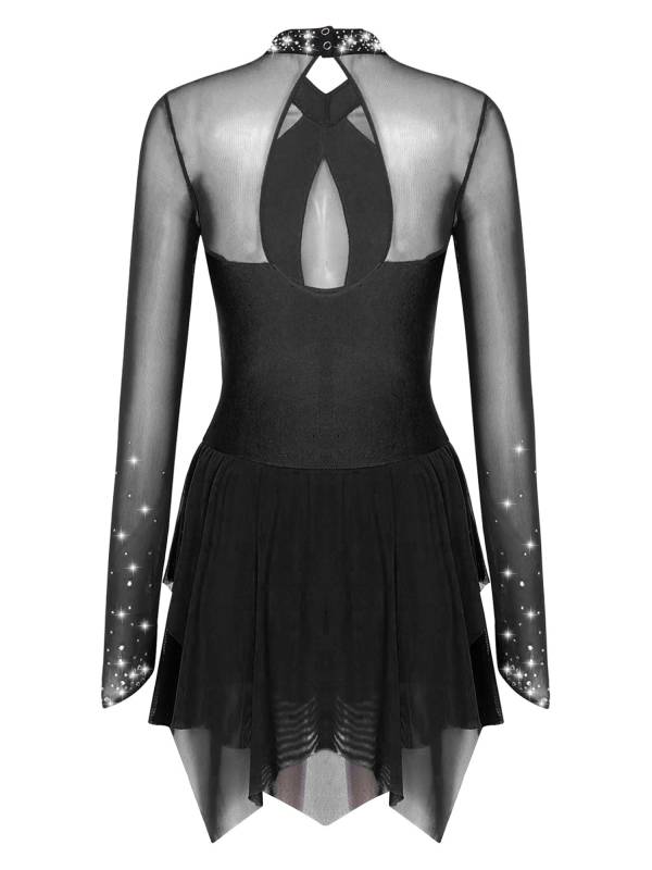 Women Long Sleeve Sparkling Rhinestones Irregular Hem Skating Dress thumb