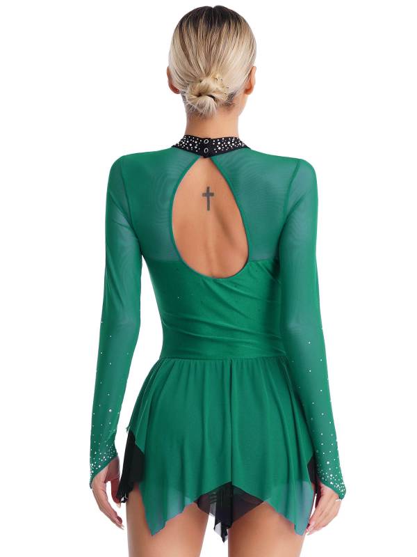 Women Long Sleeve Sparkling Rhinestones Irregular Hem Skating Dress thumb