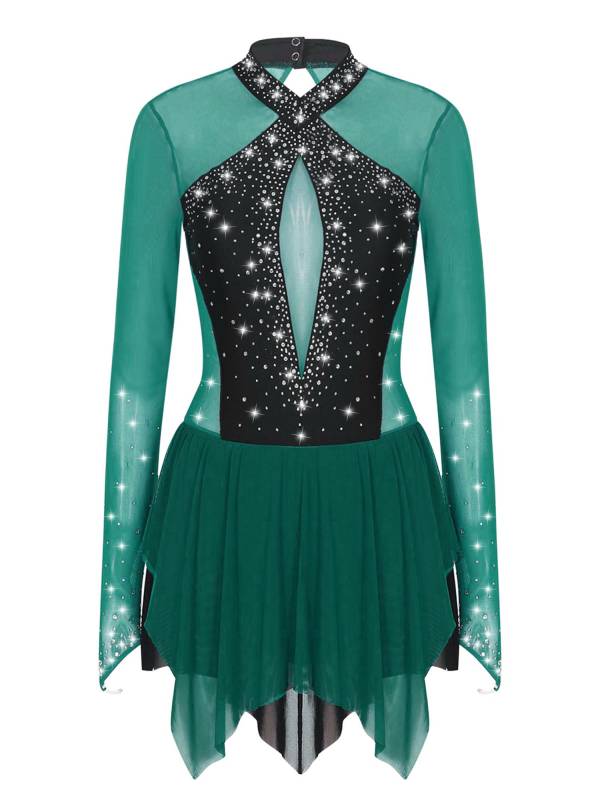 Women Long Sleeve Sparkling Rhinestones Irregular Hem Skating Dress thumb