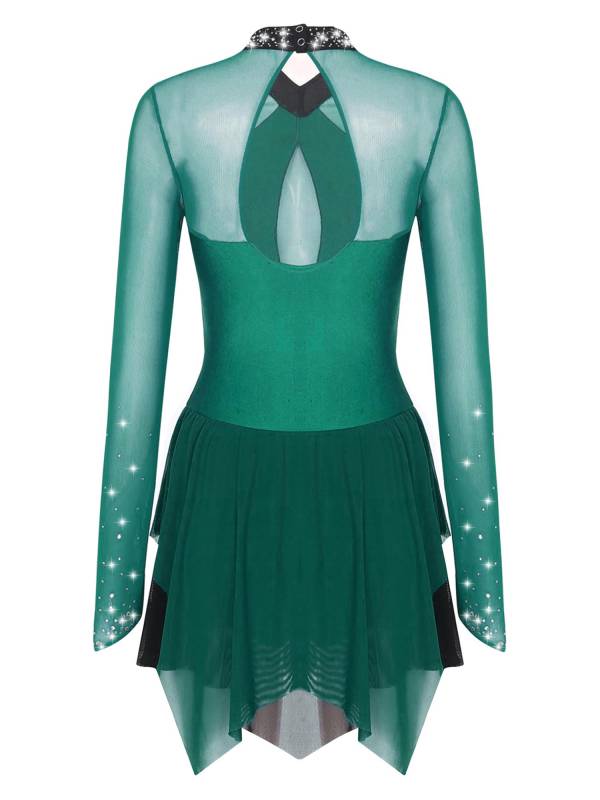 Women Long Sleeve Sparkling Rhinestones Irregular Hem Skating Dress thumb