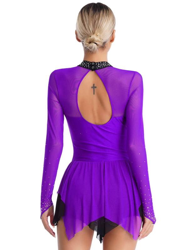 Women Long Sleeve Sparkling Rhinestones Irregular Hem Skating Dress thumb