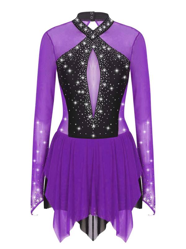 Women Long Sleeve Sparkling Rhinestones Irregular Hem Skating Dress thumb