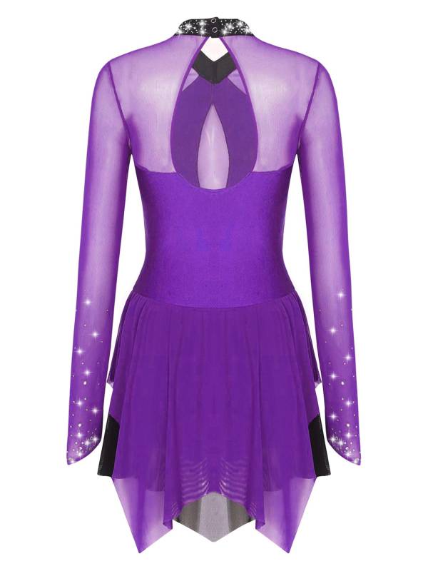 Women Long Sleeve Sparkling Rhinestones Irregular Hem Skating Dress thumb