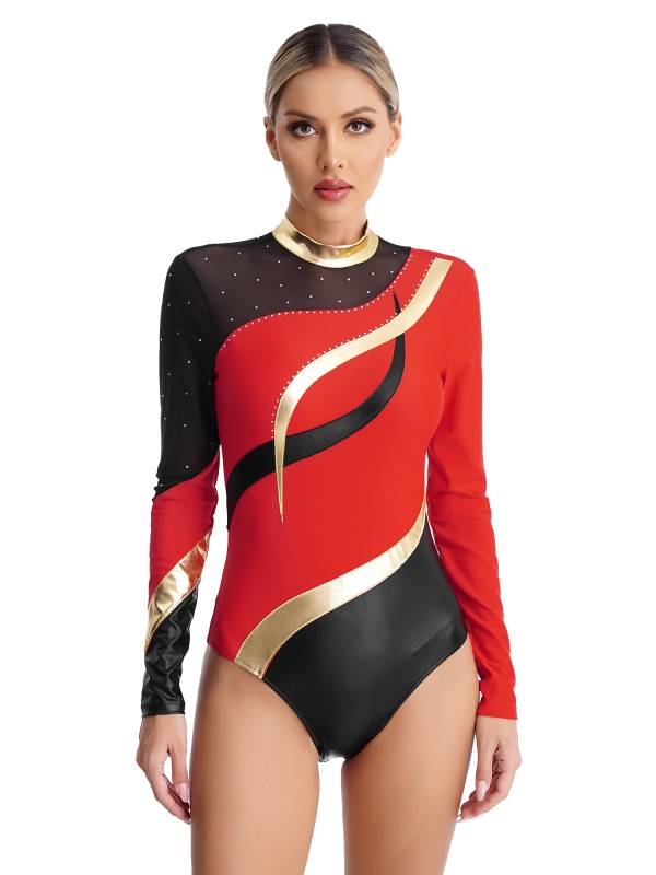 Women Color Block Rhinestone Long Sleeve Gymnastics Leotard thumb