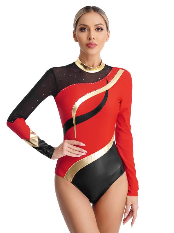 Women Color Block Rhinestone Long Sleeve Gymnastics Leotard thumb