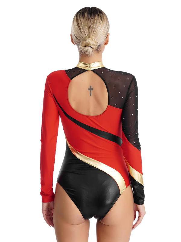 Women Color Block Rhinestone Long Sleeve Gymnastics Leotard thumb