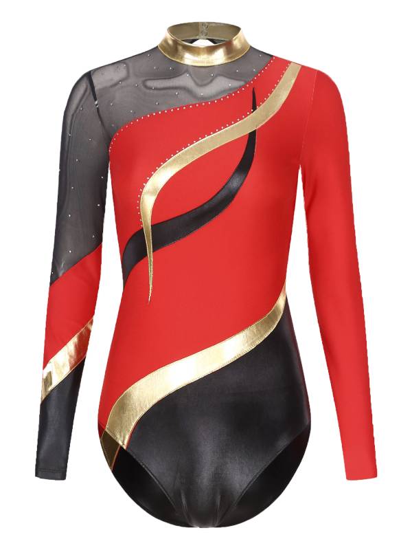 Women Color Block Rhinestone Long Sleeve Gymnastics Leotard thumb