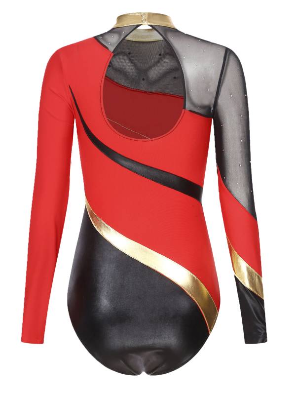 Women Color Block Rhinestone Long Sleeve Gymnastics Leotard thumb