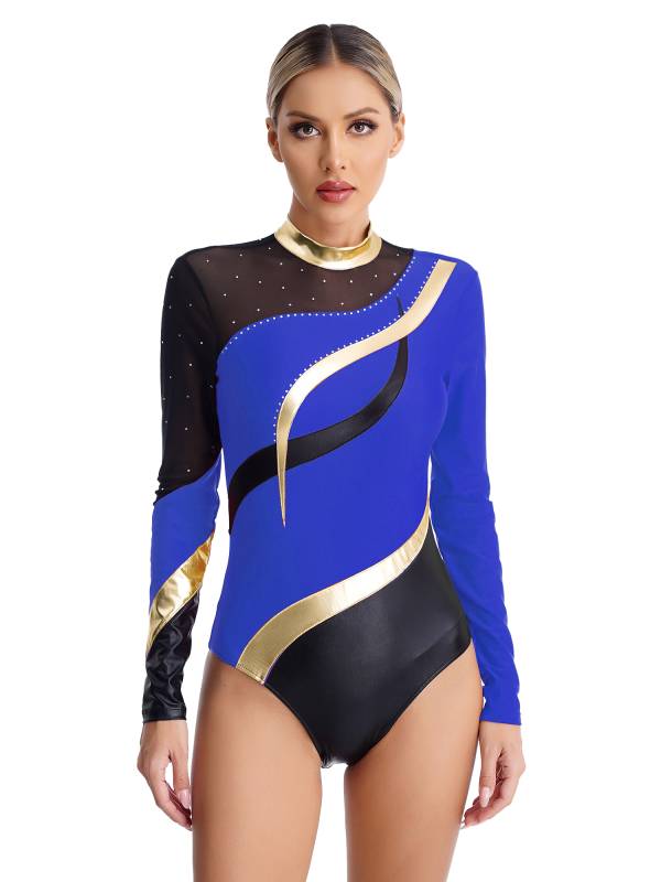 Women Color Block Rhinestone Long Sleeve Gymnastics Leotard thumb