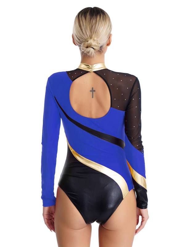 Women Color Block Rhinestone Long Sleeve Gymnastics Leotard thumb