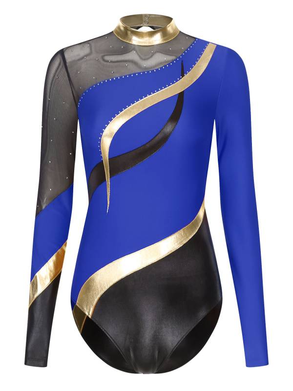 Women Color Block Rhinestone Long Sleeve Gymnastics Leotard thumb