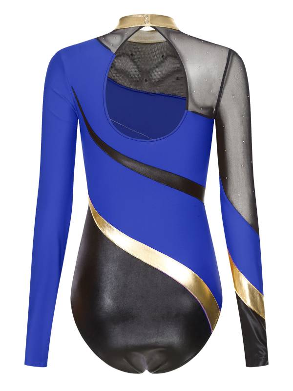 Women Color Block Rhinestone Long Sleeve Gymnastics Leotard thumb